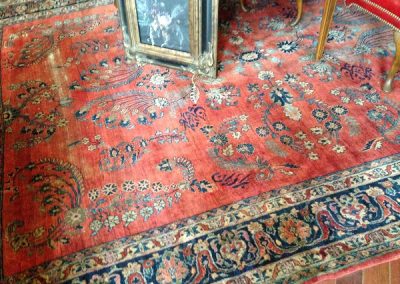 Large Antique Rug in Coral and Navy Color Palette